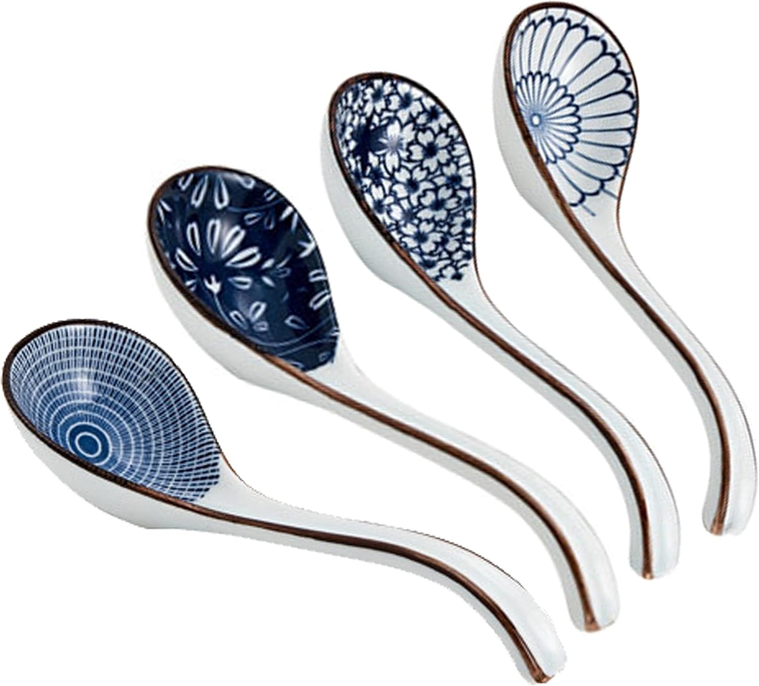 Ceramic Soup Spoons Sets of 4,Asian Soup Spoons,Long Ramen spoons,Japanese soup spoons for Pho,Wonton,Noodles,Chinese Ceramic Rice Spoons,4Pcs Main image