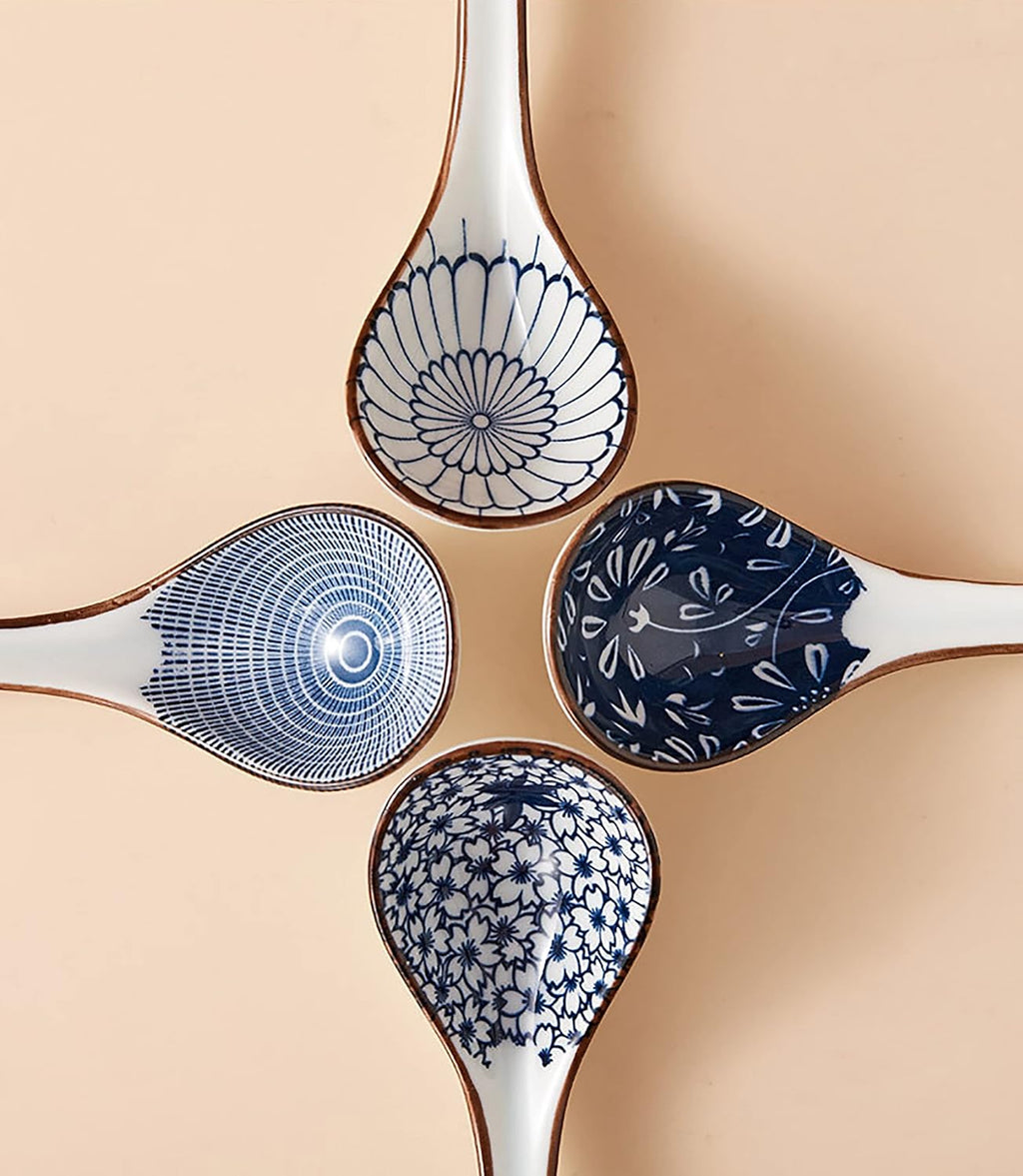 Ceramic Soup Spoons Sets of 4,Asian Soup Spoons,Long Ramen spoons,Japanese soup spoons for Pho,Wonton,Noodles,Chinese Ceramic Rice Spoons,4Pcs