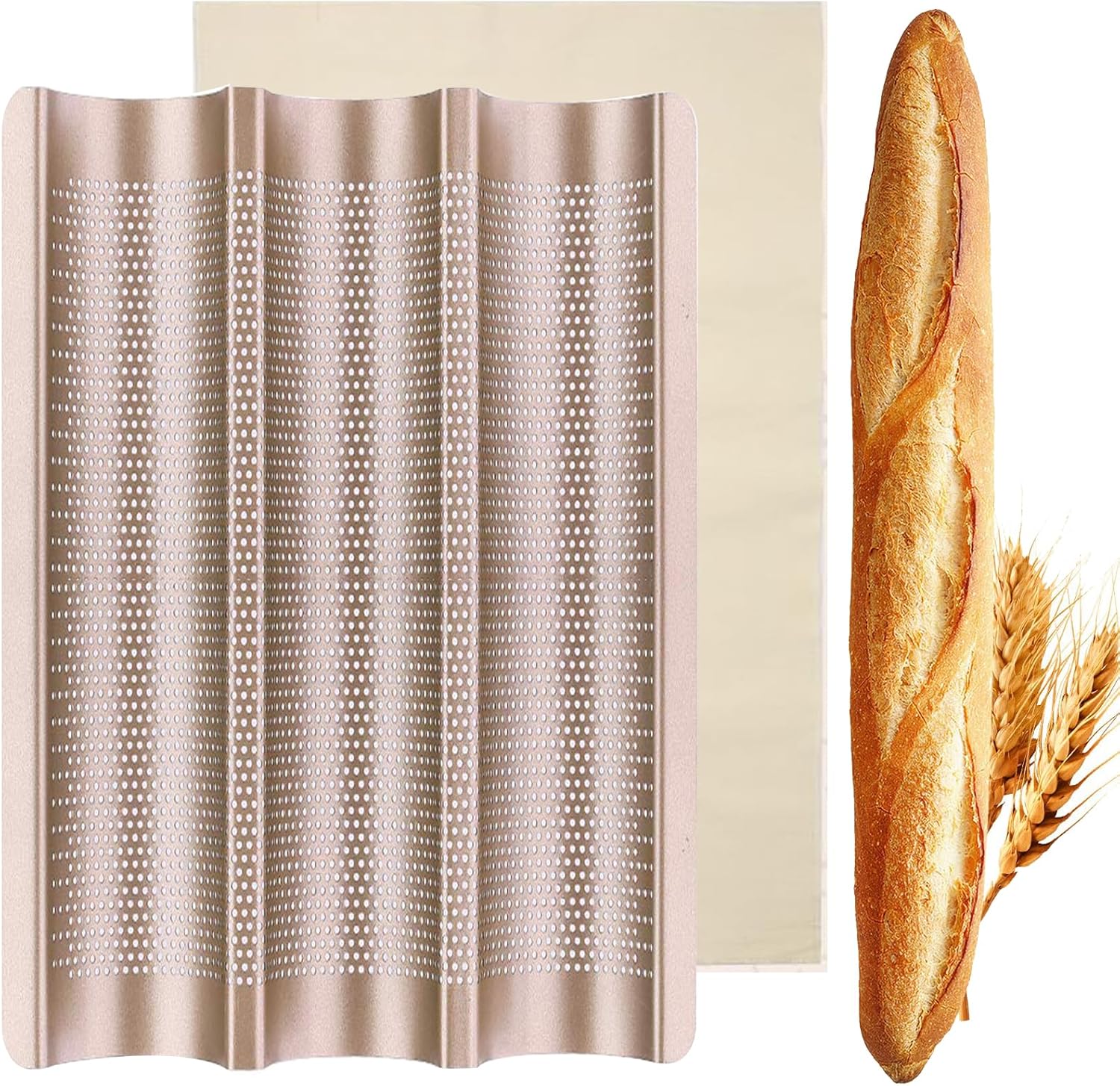 Baguette Pan, French Bread Baking Pan Perforated 3 Loaves Long Italian Bread Pan Mold Nonstick Baguettes Bakery Tray with Proofing Cloth,15"x11" Hauptbild