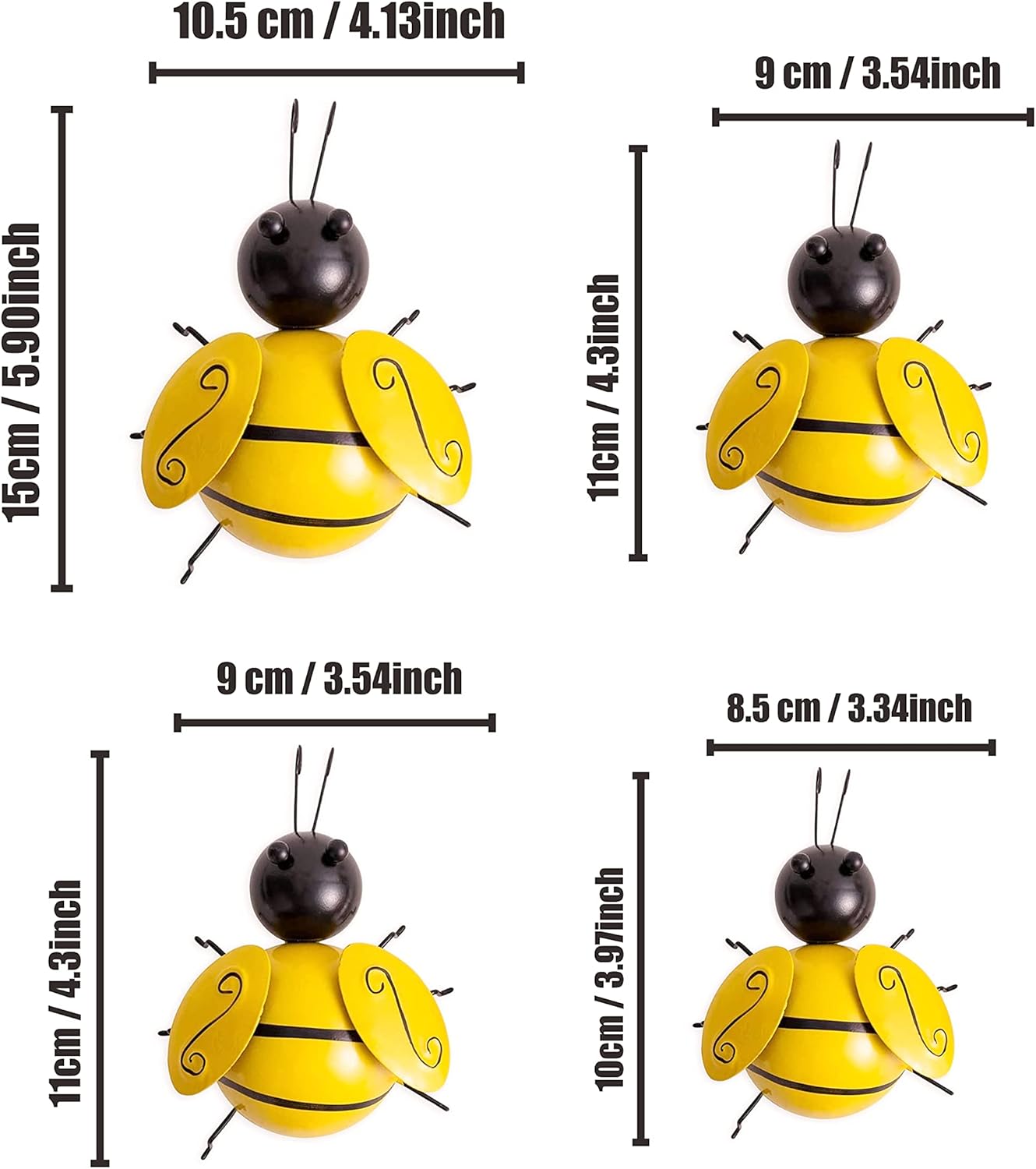 Metal Wall Art, 4PCS Metal Bumble Bee Wall Decor, 3D Iron Bee Art Sculpture Hanging Wall Decorations for Outdoor Home Garden