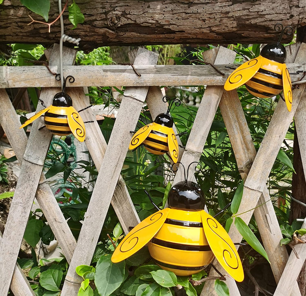 Metal Wall Art, 4PCS Metal Bumble Bee Wall Decor, 3D Iron Bee Art Sculpture Hanging Wall Decorations for Outdoor Home Garden