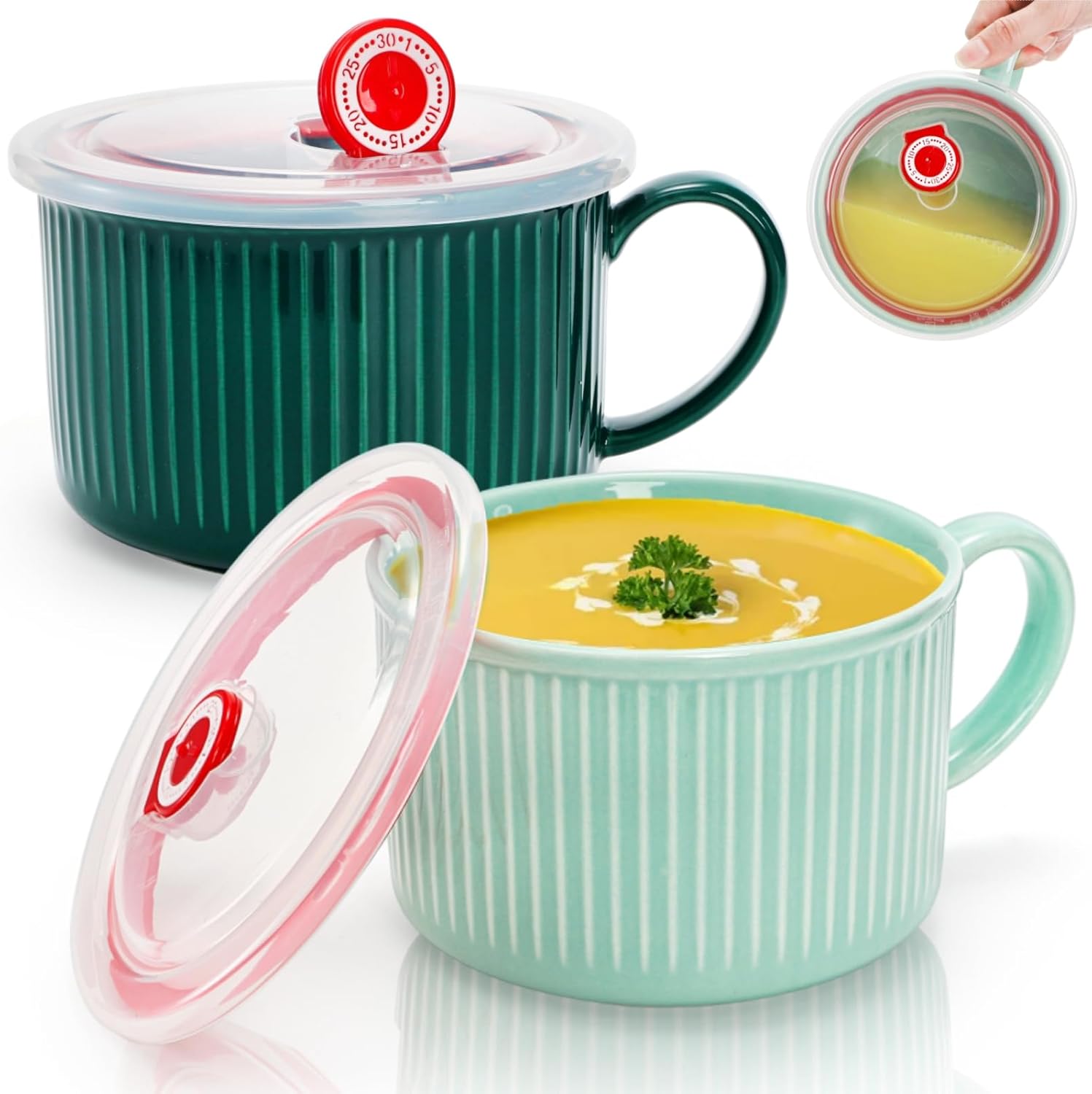 2 Packs Ceramic Soup Bowls with Handles, 32 OZ Microwave Safe Mug Vented Lid, Leak-proof French Onion Bowls, Large Crocks for Ramen, Noodle, Cereal Main image