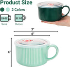 2 Packs Ceramic Soup Bowls with Handles, 32 OZ Microwave Safe Mug Vented Lid, Leak-proof French Onion Bowls, Large Crocks for Ramen, Noodle, Cereal