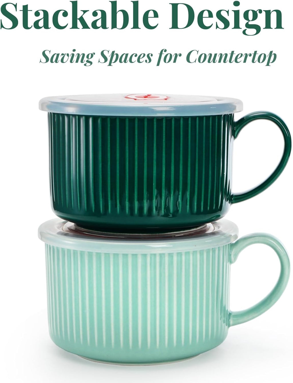 2 Packs Ceramic Soup Bowls with Handles, 32 OZ Microwave Safe Mug Vented Lid, Leak-proof French Onion Bowls, Large Crocks for Ramen, Noodle, Cereal