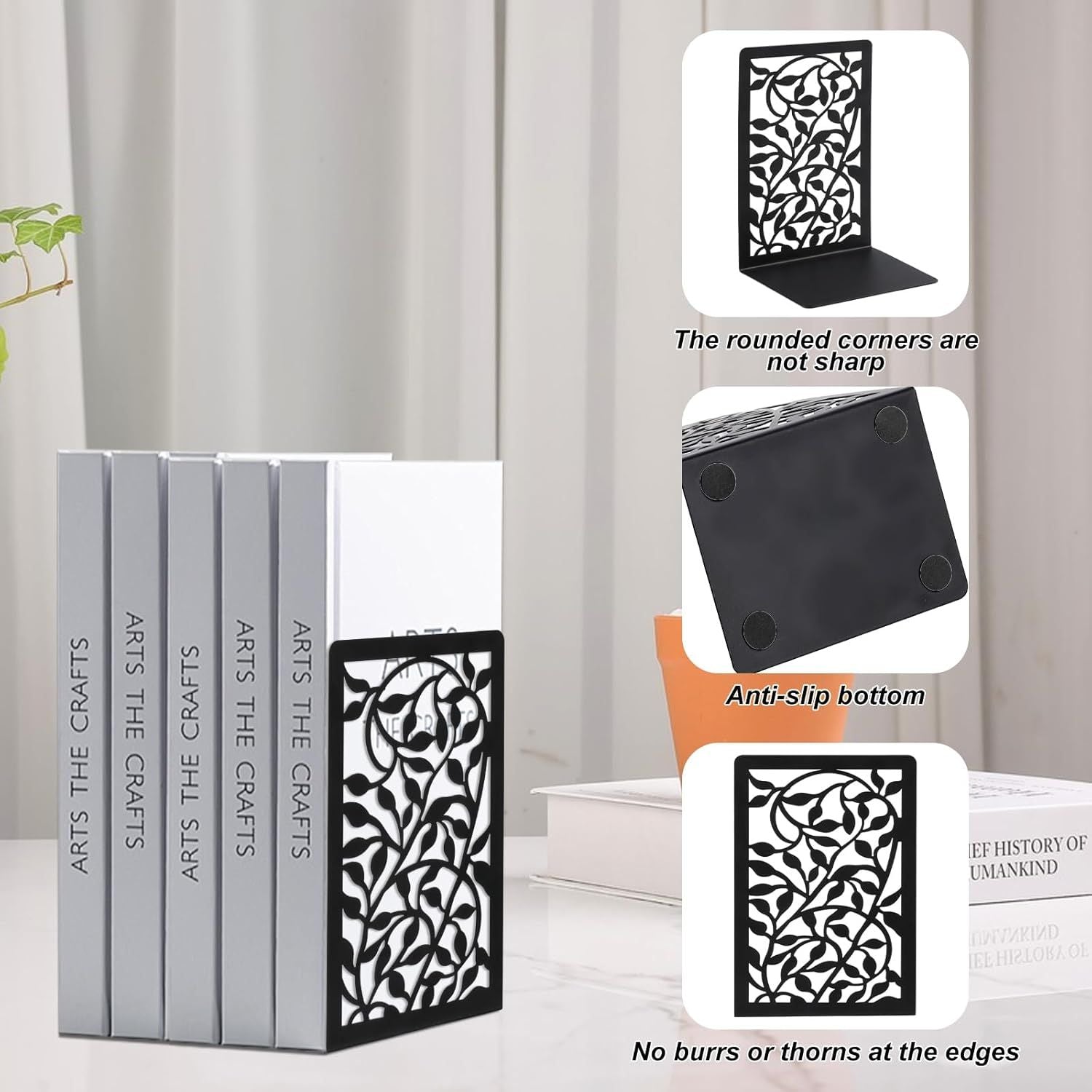 1 Pair Metal Bookends or Shelves, Tree Book Ends Decorative Bookends or Heavy Books, Book Holder or Shel, Black Unique Book Stoppers, Book Holders or Shelves Home Oice School-Right Angle