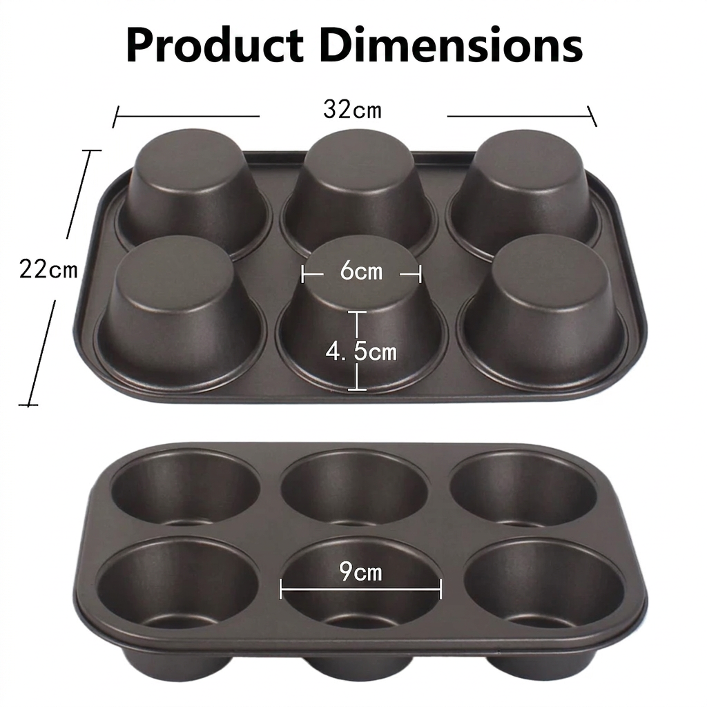 2 Pack Extra Large Nonstick Muin Pan, Carbon Steel Cupcake Pan, Easy to Clean and Perect or Making Muins or Cupcakes, 6 Cup Jumbo
