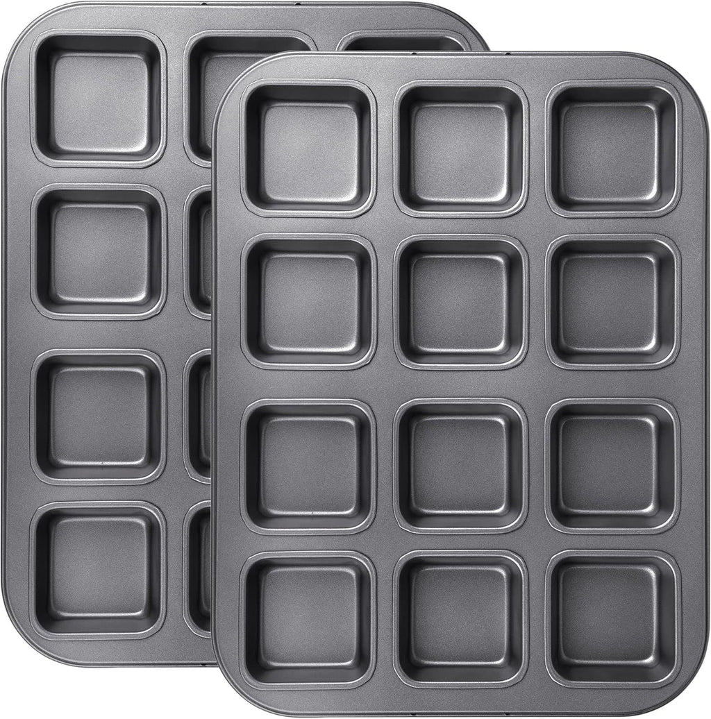 2 Pack Brownie Pan, Non-stick Bakeware or Bread and Loa, Heavy Duty Carbon Steel Mini Muin Pan, 12-Cavity