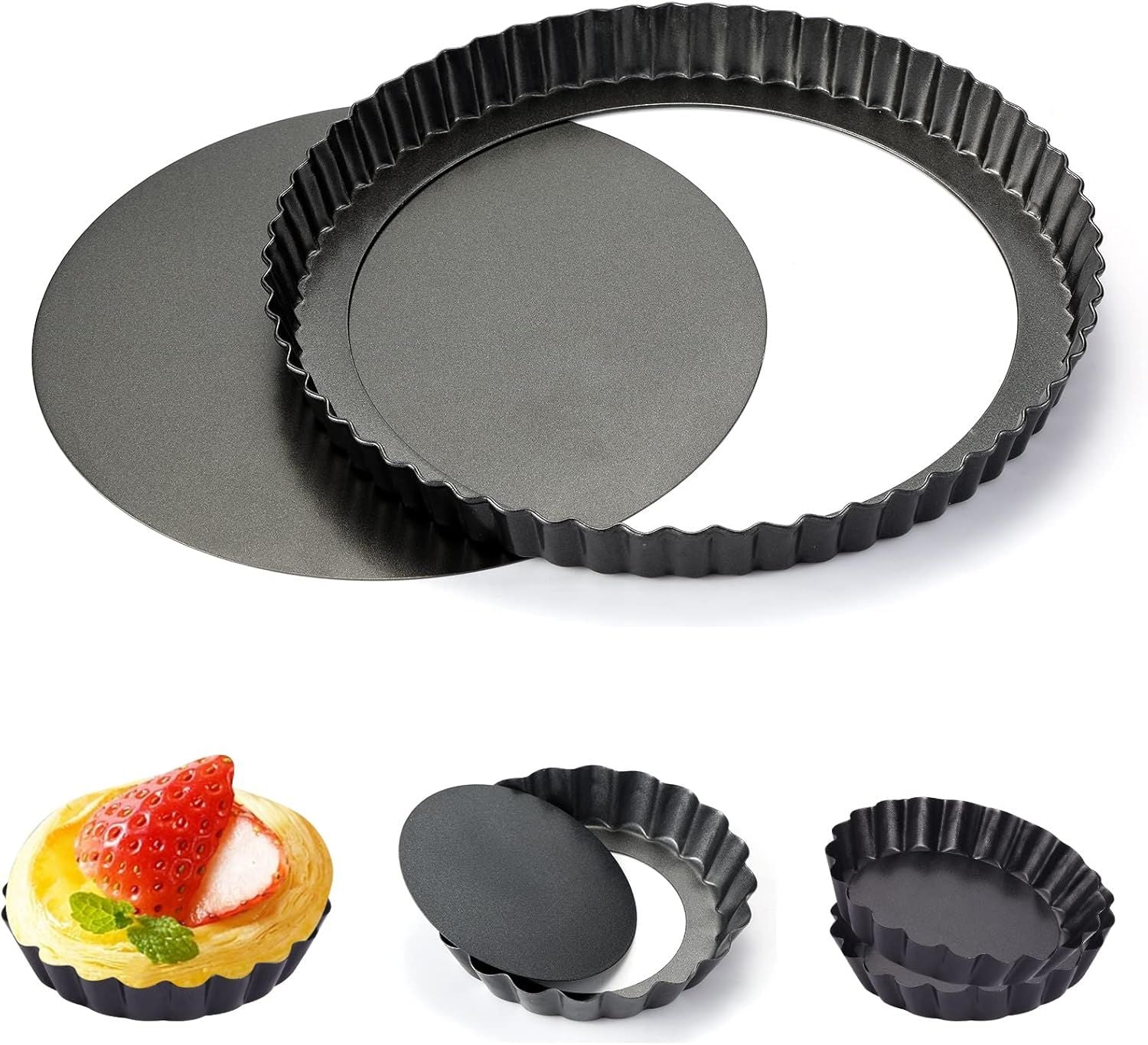 9 in Non-Stick Tart and Quiche Pan with Removable Bottom and 4 Mini Tart Pans 4-inch, Heavy Duty Fluted Side for Pies, Mousse Cakes, Dessert Baking (5 Pack) Hauptbild