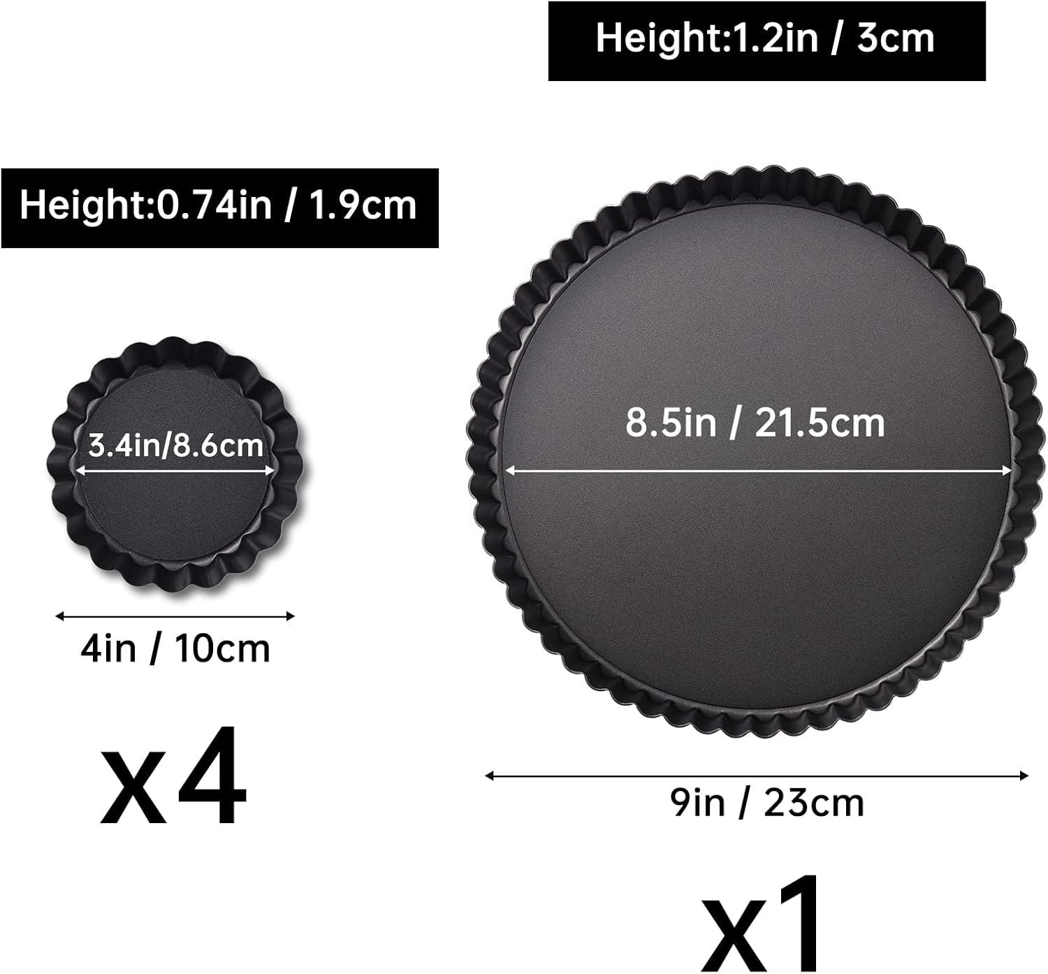 9 in Non-Stick Tart and Quiche Pan with Removable Bottom and 4 Mini Tart Pans 4-inch, Heavy Duty Fluted Side for Pies, Mousse Cakes, Dessert Baking (5 Pack)