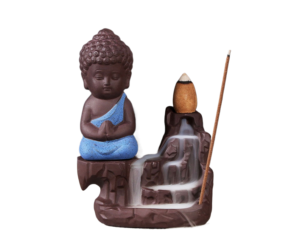 Porcelain Clay Little Buddha Censer Backflow Incense Burner Holder Ornament-Blue