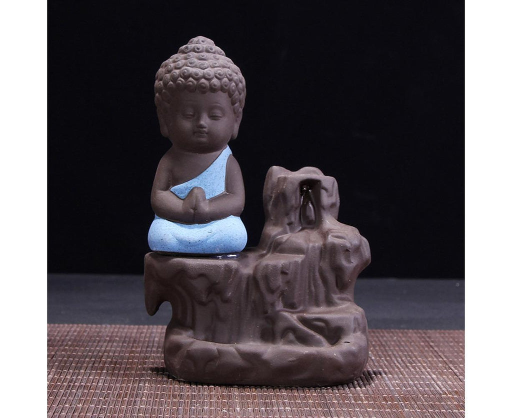 Porcelain Clay Little Buddha Censer Backflow Incense Burner Holder Ornament-Blue