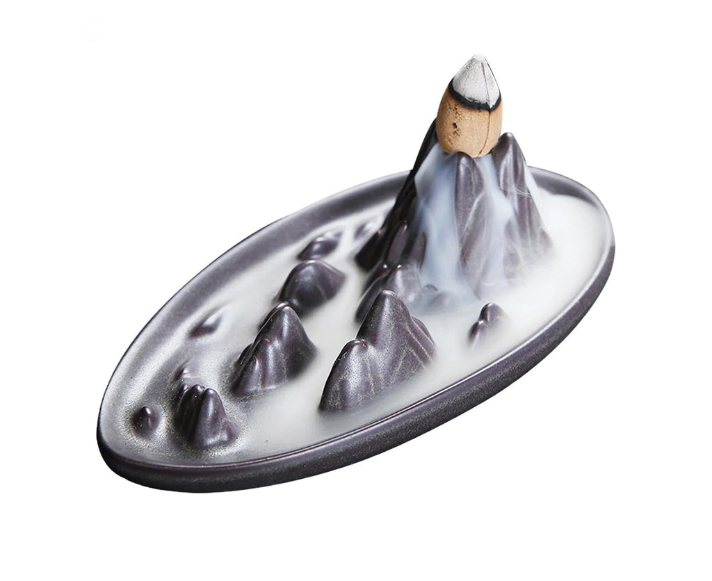 Teahouse Waterfall Lotus Backflow Incense Burner Ceramic Censer Home Decoration- C