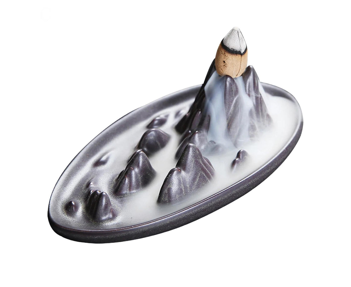 Teahouse Waterfall Lotus Backflow Incense Burner Ceramic Censer Home Decoration- C