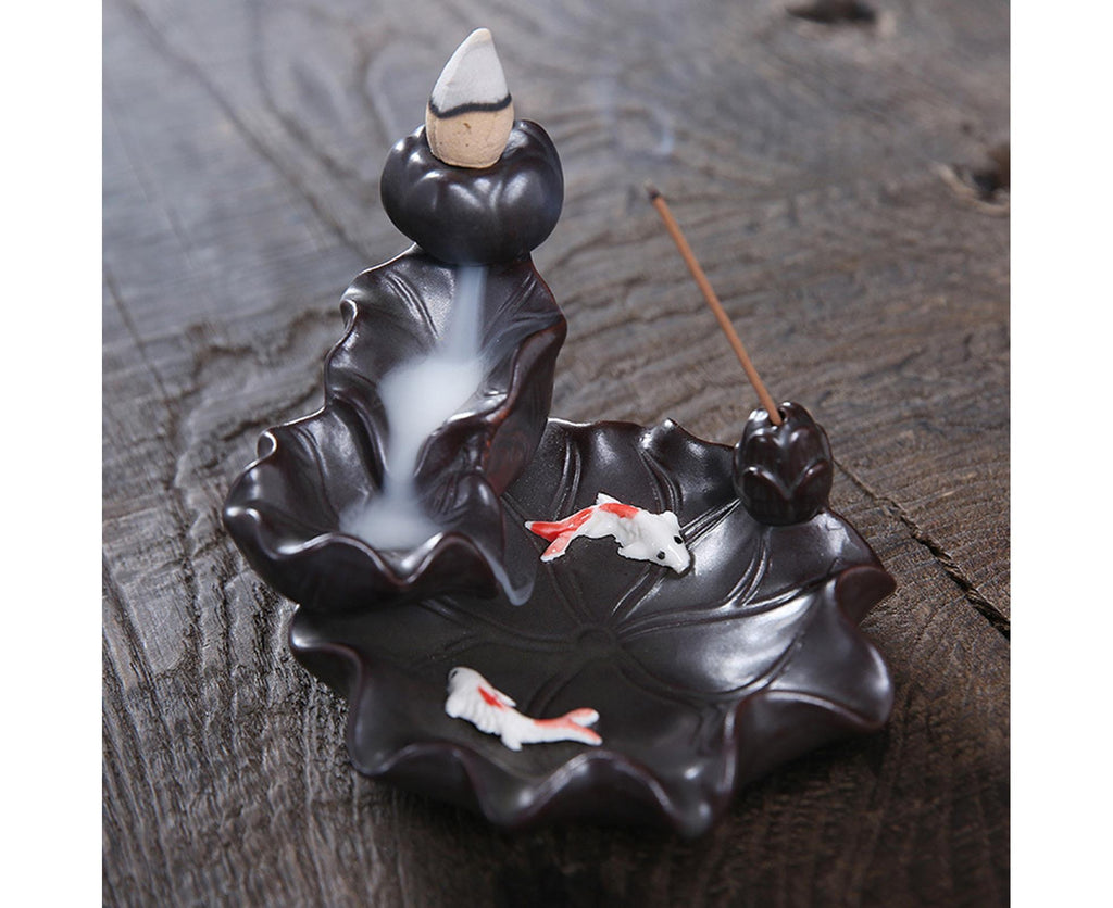 Teahouse Waterfall Lotus Backflow Incense Burner Ceramic Censer Home Decoration- C