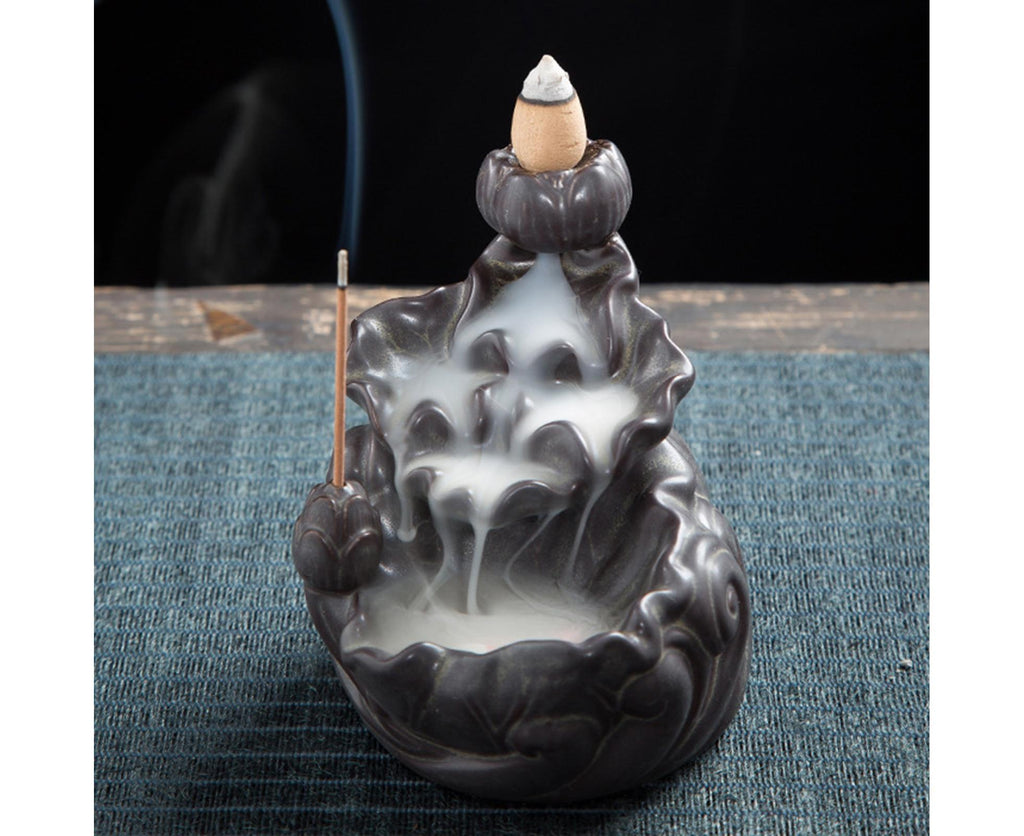 Teahouse Waterfall Lotus Backflow Incense Burner Ceramic Censer Home Decoration- C
