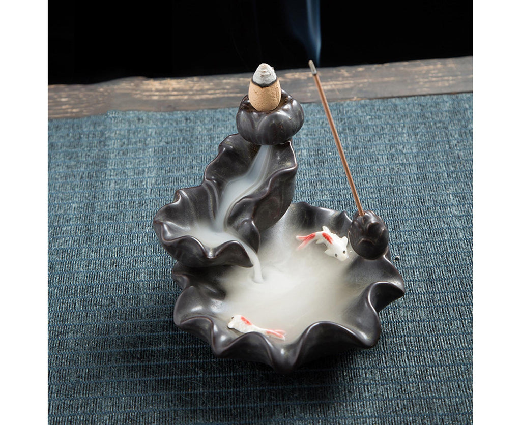 Teahouse Waterfall Lotus Backflow Incense Burner Ceramic Censer Home Decoration- C