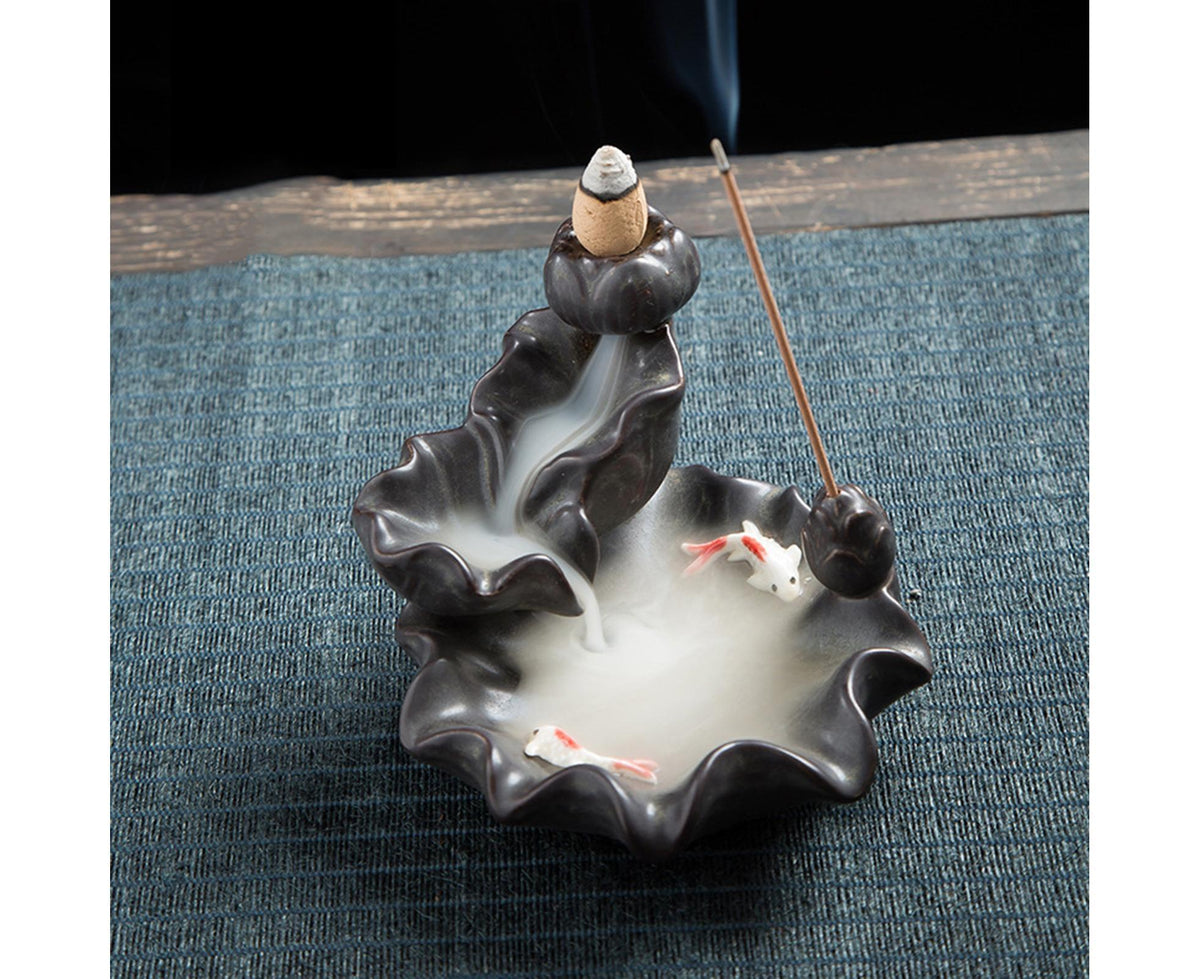 Teahouse Waterfall Lotus Backflow Incense Burner Ceramic Censer Home Decoration- C
