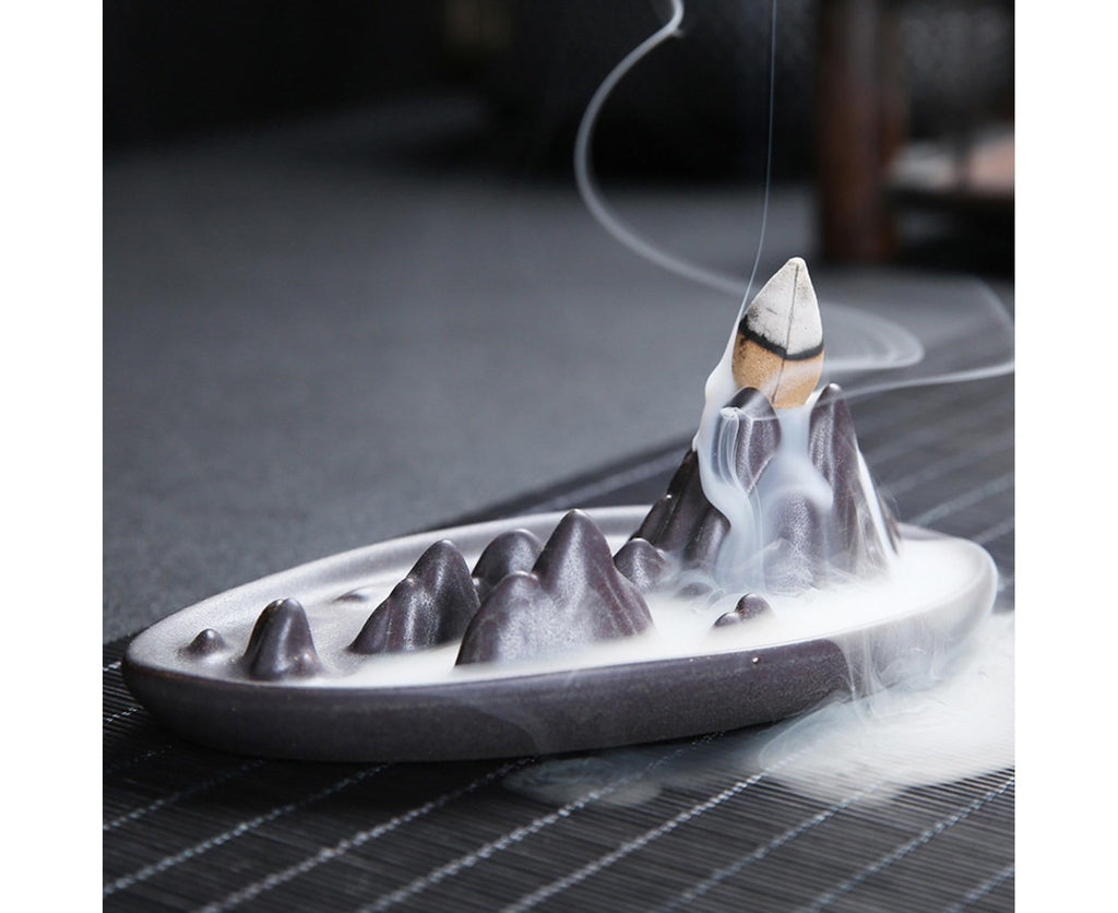 Teahouse Waterfall Lotus Backflow Incense Burner Ceramic Censer Home Decoration- C