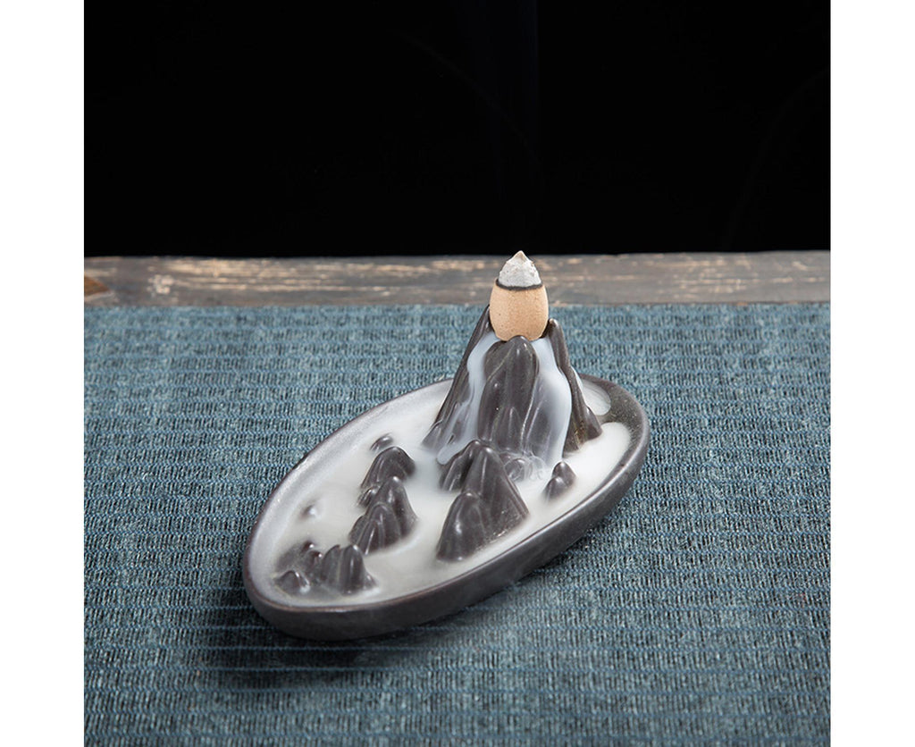 Teahouse Waterfall Lotus Backflow Incense Burner Ceramic Censer Home Decoration- C