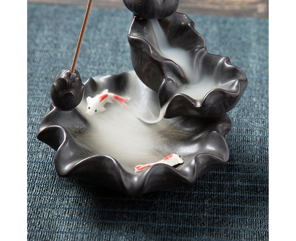 Teahouse Waterfall Lotus Backflow Incense Burner Ceramic Censer Home Decoration- C