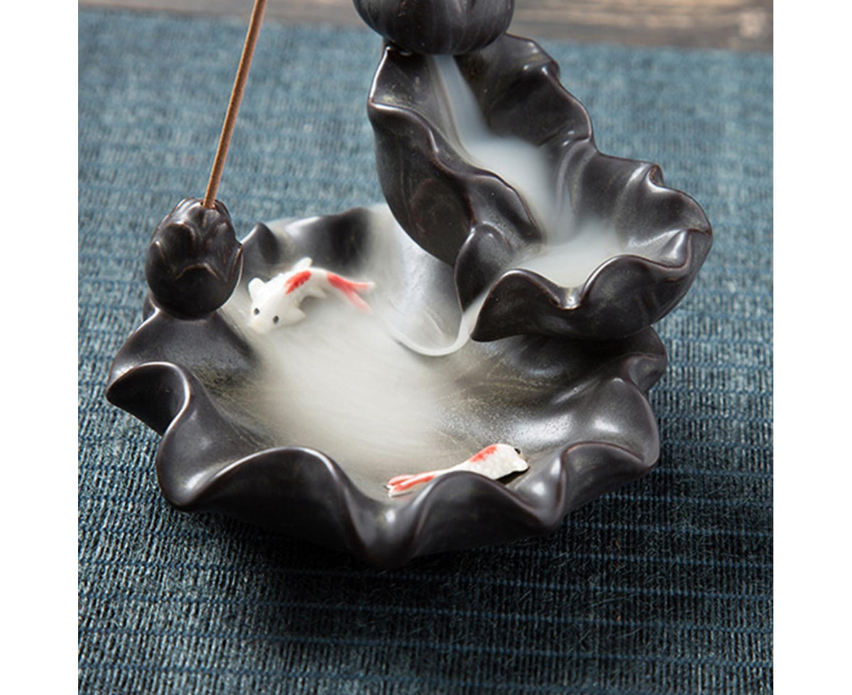 Teahouse Waterfall Lotus Backflow Incense Burner Ceramic Censer Home Decoration- C