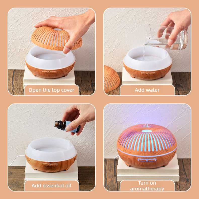 550ML Wood-Grain Aroma Diffuser and Humidifier with Bluetooth Speaker, 7-Color LED Night Light, Remote Control, Timer, and Auto Shut-Off – Dark Wood