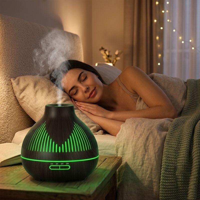 (2-Pack) 500mL Wood-Grain Ultrasonic Diffuser and Humidifier, 7-Color LED Night Light with Timer, for Home, Bedroom, or Office (10–30㎡) – Light Wood
