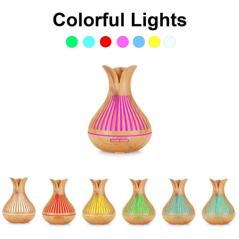 Wood Grain Flower Vase Diffuser and Humidifier, 7-Color LED Light, Timer, and Remote Control, 500 mL Ultrasonic Aroma Diffuser—Light Wood