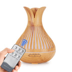 Wood Grain Flower Vase Diffuser and Humidifier, 7-Color LED Light, Timer, and Remote Control, 500 mL Ultrasonic Aroma Diffuser—Dark Wood