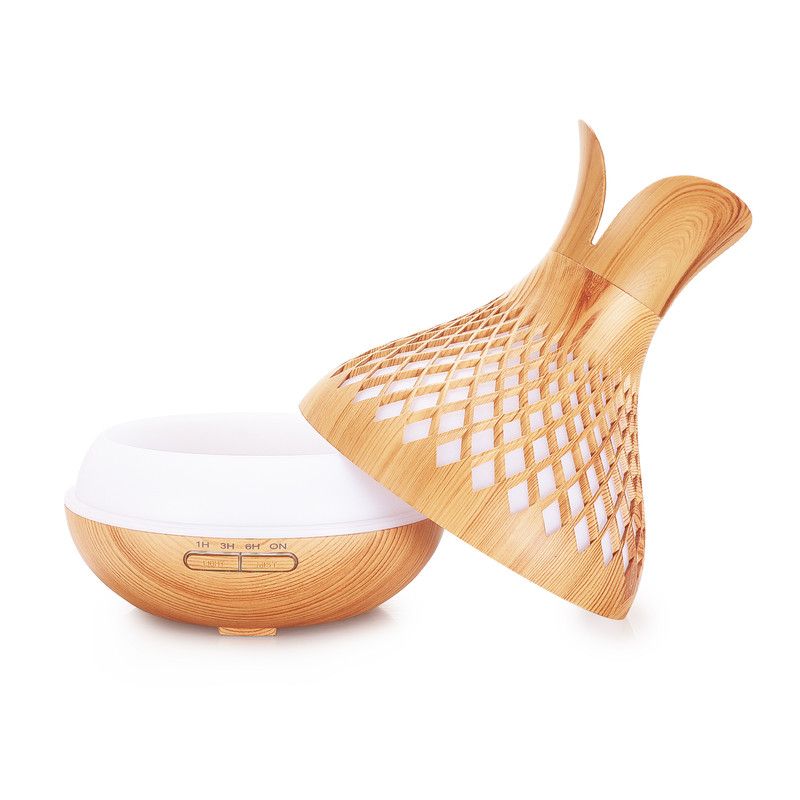 500ML Diamond Hollow Wood Grain Diffuser Humidifier, 7-Color LED Night Light, Remote Control, Timer, Continuous & Intermittent Mist - Light Wood
