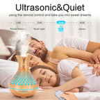 500ML Diamond Hollow Wood Grain Diffuser Humidifier, 7-Color LED Night Light, Remote Control, Timer, Continuous & Intermittent Mist - Dark Wood