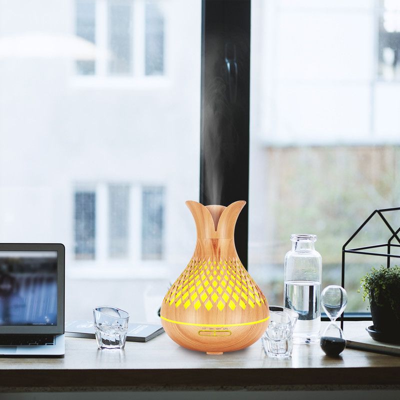500ML Diamond Hollow Wood Grain Diffuser Humidifier, 7-Color LED Night Light, Remote Control, Timer, Continuous & Intermittent Mist - Dark Wood