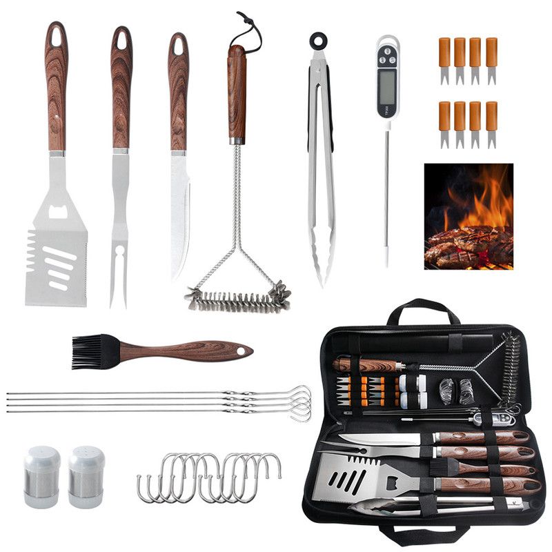 Complete Multi-Functional BBQ Tool Set, 31-Piece Deluxe BBQ Tool Set, Food-Grade Stainless Steel BBQ Tools with Wood-Grain Handles—Ideal for Home and Outdoor BBQs, Includes Portable Camping Storage Bag—Wood-Grain Finish