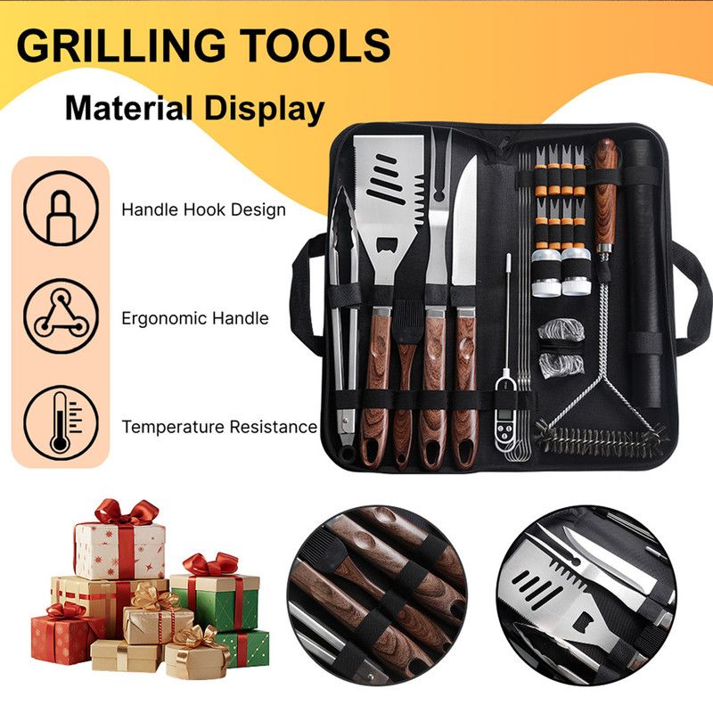 Complete Multi-Functional BBQ Tool Set, 31-Piece Deluxe BBQ Tool Set, Food-Grade Stainless Steel BBQ Tools with Wood-Grain Handles—Ideal for Home and Outdoor BBQs, Includes Portable Camping Storage Bag—Wood-Grain Finish