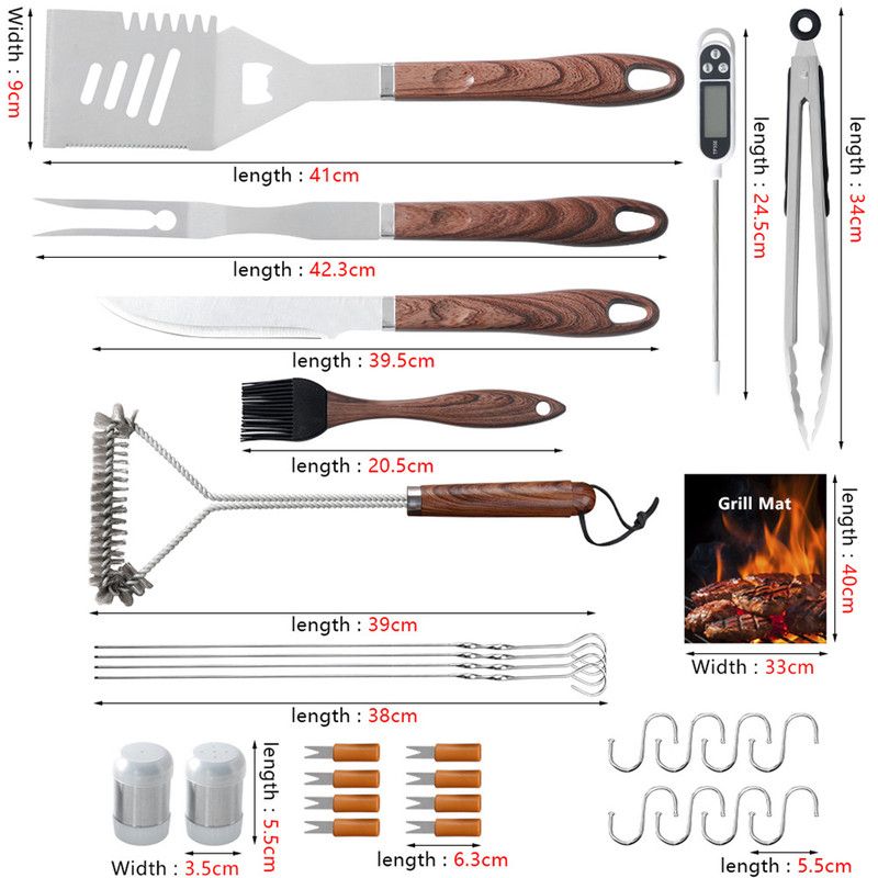 Complete Multi-Functional BBQ Tool Set, 31-Piece Deluxe BBQ Tool Set, Food-Grade Stainless Steel BBQ Tools with Wood-Grain Handles—Ideal for Home and Outdoor BBQs, Includes Portable Camping Storage Bag—Wood-Grain Finish