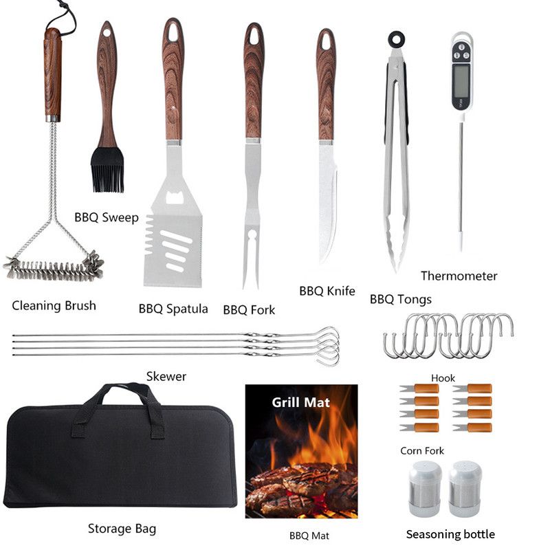 Complete Multi-Functional BBQ Tool Set, 31-Piece Deluxe BBQ Tool Set, Food-Grade Stainless Steel BBQ Tools with Wood-Grain Handles—Ideal for Home and Outdoor BBQs, Includes Portable Camping Storage Bag—Wood-Grain Finish
