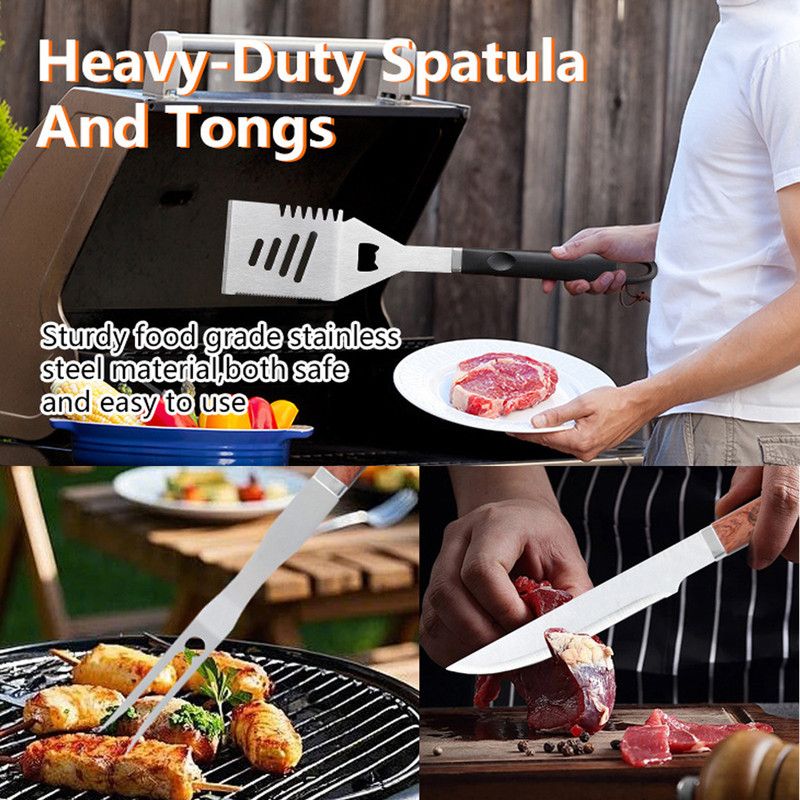 Complete Multi-Functional BBQ Tool Set, 31-Piece Deluxe BBQ Tool Set, Food-Grade Stainless Steel BBQ Tools with Wood-Grain Handles—Ideal for Home and Outdoor BBQs, Includes Portable Camping Storage Bag—Wood-Grain Finish