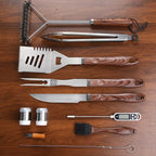 Complete Multi-Functional BBQ Tool Set, 31-Piece Deluxe BBQ Tool Set, Food-Grade Stainless Steel BBQ Tools with Wood-Grain Handles—Ideal for Home and Outdoor BBQs, Includes Portable Camping Storage Bag—Wood-Grain Finish