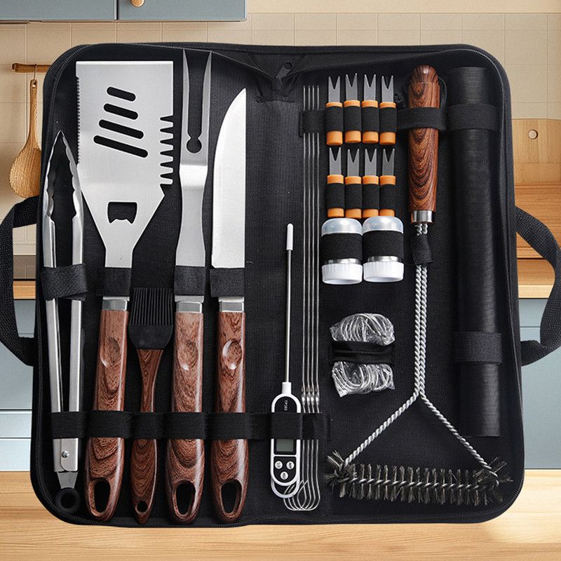 Complete Multi-Functional BBQ Tool Set, 31-Piece Deluxe BBQ Tool Set, Food-Grade Stainless Steel BBQ Tools with Wood-Grain Handles—Ideal for Home and Outdoor BBQs, Includes Portable Camping Storage Bag—Wood-Grain Finish