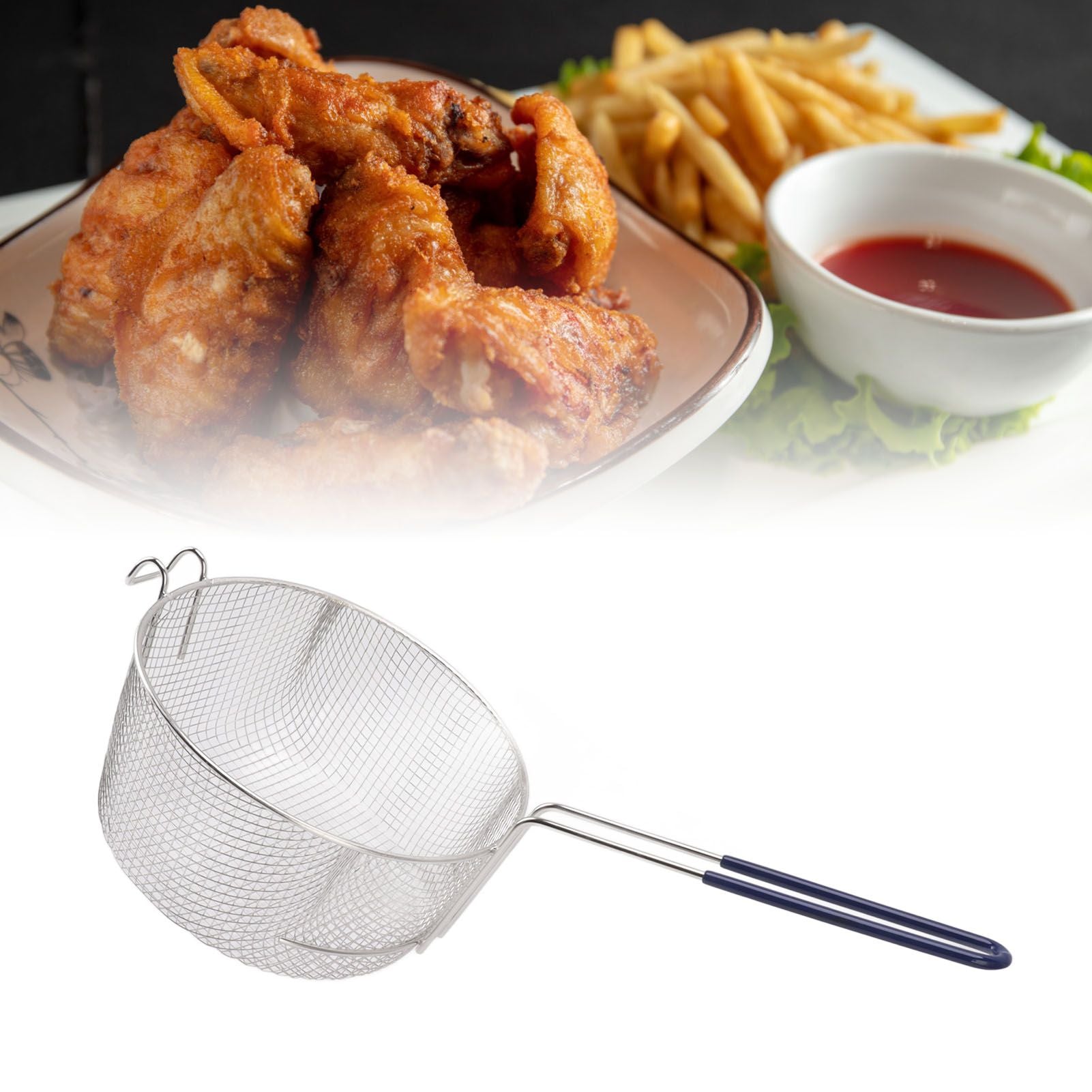 Frying Basket Stainless Steel Long Handle Reusable Rust Resistant Fry Net for Fish Chicken Nuggets Rubber Handle