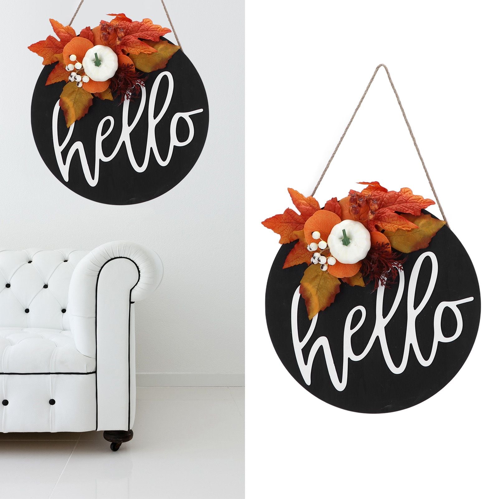 Round Wood Door Sign Farmhouse Front Door Hanging Welcome Sign Decors for Halloween ChristmasLeaf Ginkgo