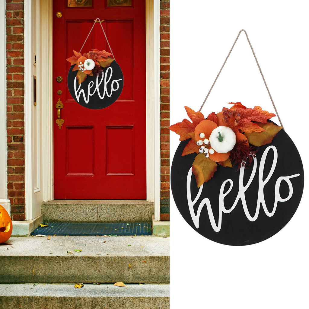 Round Wood Door Sign Farmhouse Front Door Hanging Welcome Sign Decors for Halloween ChristmasLeaf Ginkgo