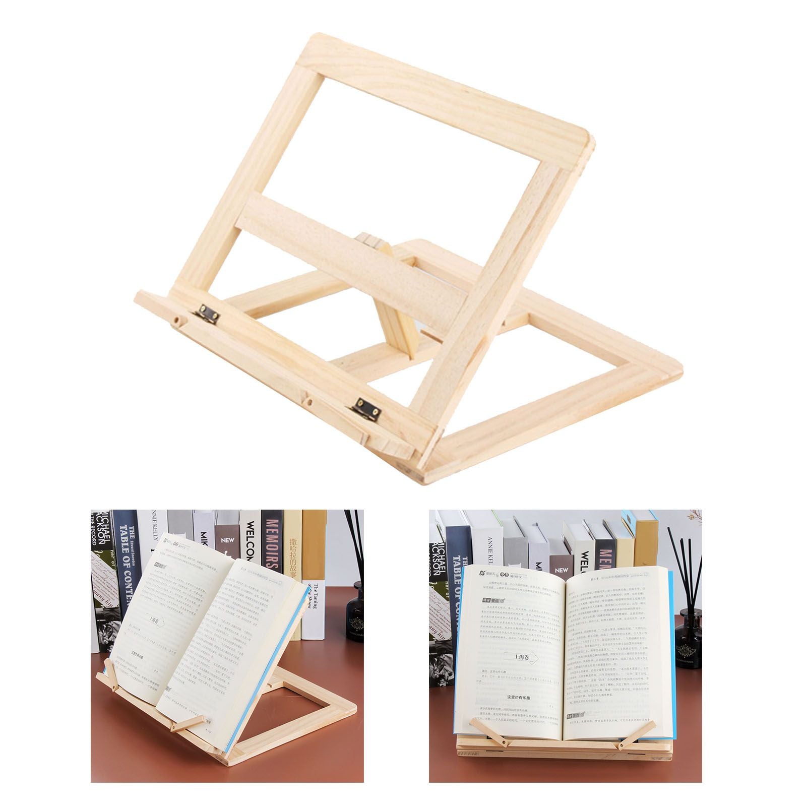 Wooden Book Stand Adjustable Book Holder Reading Stand Recipe Cookbook Holder for Kid Adult Home Wooden Clip