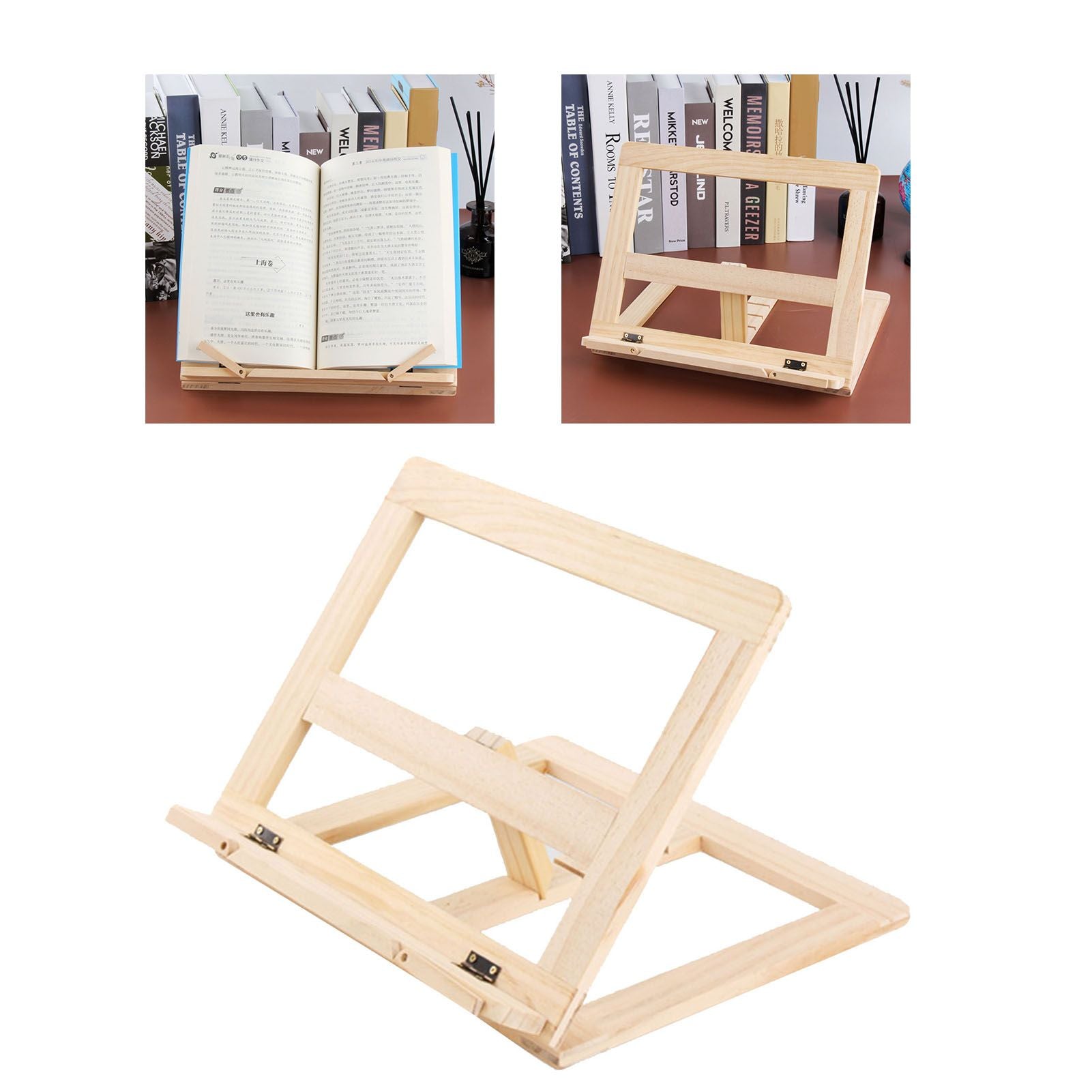 Wooden Book Stand Adjustable Book Holder Reading Stand Recipe Cookbook Holder for Kid Adult Home Wooden Clip