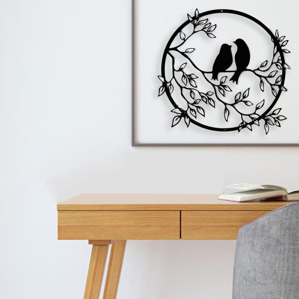 Metal Wall Art Bird on Branch Round Wall Art Bird Sign Wall Silhouette Bird Iron Artwork Hanging for Living Room Office