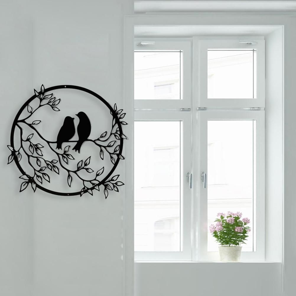 Metal Wall Art Bird on Branch Round Wall Art Bird Sign Wall Silhouette Bird Iron Artwork Hanging for Living Room Office