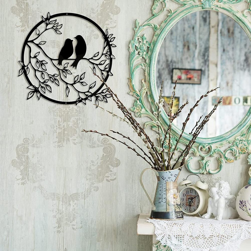 Metal Wall Art Bird on Branch Round Wall Art Bird Sign Wall Silhouette Bird Iron Artwork Hanging for Living Room Office