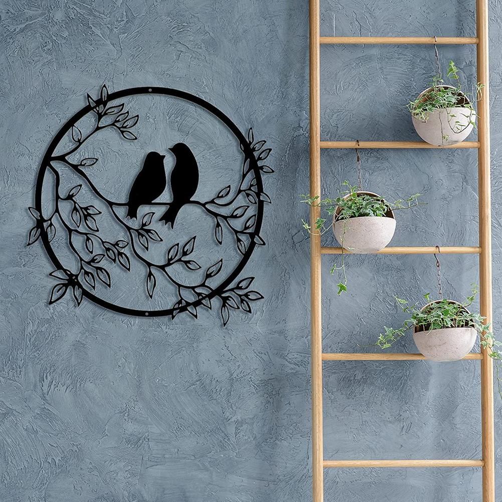 Metal Wall Art Bird on Branch Round Wall Art Bird Sign Wall Silhouette Bird Iron Artwork Hanging for Living Room Office