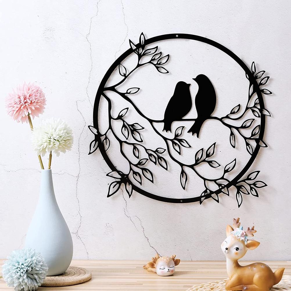 Metal Wall Art Bird on Branch Round Wall Art Bird Sign Wall Silhouette Bird Iron Artwork Hanging for Living Room Office