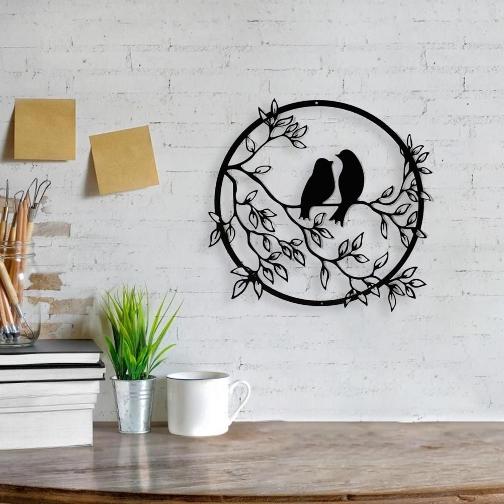 Metal Wall Art Bird on Branch Round Wall Art Bird Sign Wall Silhouette Bird Iron Artwork Hanging for Living Room Office
